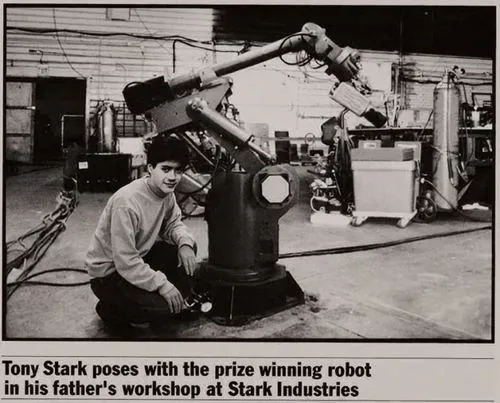 Tony Stark with the prize-winning robot in his father's workshop at Stark Industries